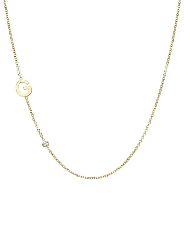 Zoe Lev Jewelry 14k Gold Asymmetrical Initial and Bezel Diamond Necklace