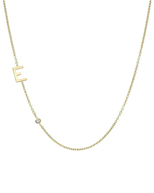 14k Gold Asymmetrical Initial and Bezel Diamond Necklace