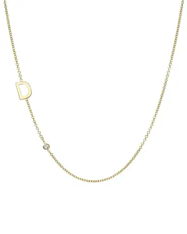 Zoe Lev Jewelry 14k Gold Asymmetrical Initial and Bezel Diamond Necklace | Thumbnail 1 Zoe Lev Jewelry 14k Gold Asymmetrical Initial and Bezel Diamond Necklace | Thumbnail 1