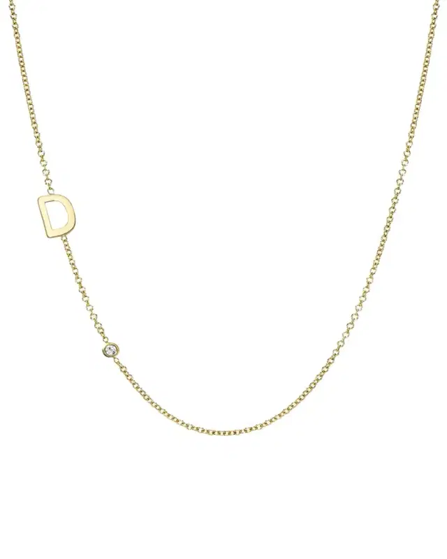 Zoe Lev Jewelry 14k Gold Asymmetrical Initial and Bezel Diamond Necklace