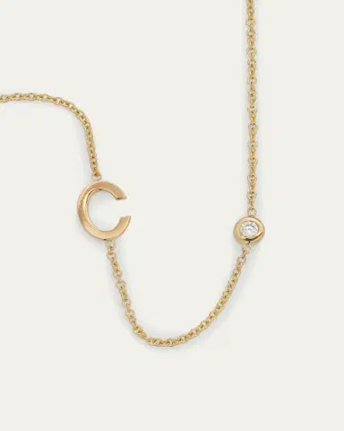 Zoe Lev Jewelry 14K Gold Asymmetrical Initial and Bezel Diamond Necklace, 16-18"L | Thumbnail 3