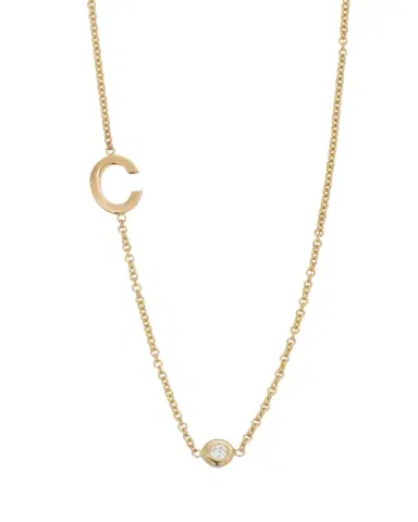 Zoe Lev Jewelry 14K Gold Asymmetrical Initial and Bezel Diamond Necklace, 16-18"L | Thumbnail 1