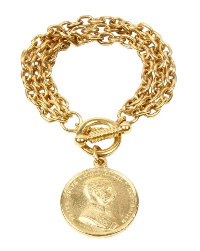 Gold Triple-Row Chain Bracelet w/ Coin Pendant