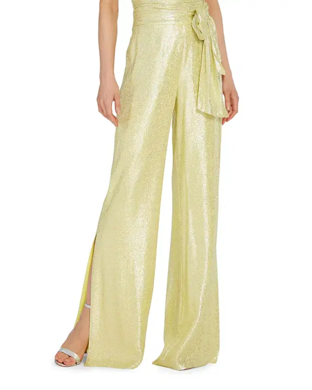 ML Monique Lhuillier Tie-Waist Metallic Wide-Leg Pants