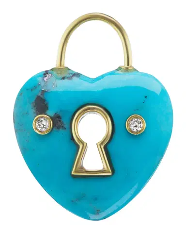Jenna Blake Yellow Gold Turquoise Heart Charm with Keyhole and 2 White Diamonds | Thumbnail 2