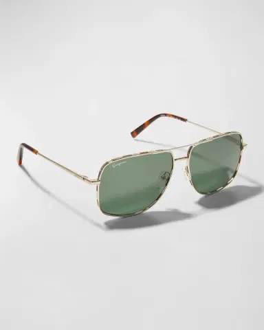 Ferragamo Men's Metal Gancini Rim Navigator Aviator Sunglasses | Thumbnail 2