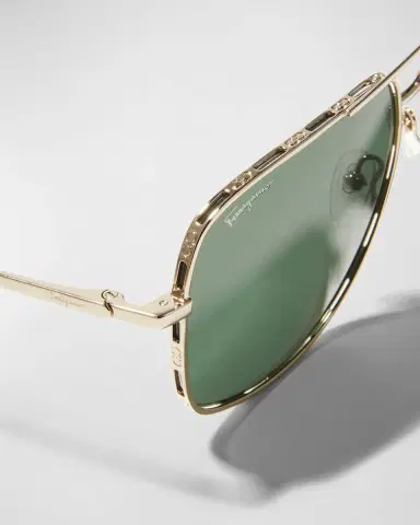 Ferragamo Men's Metal Gancini Rim Navigator Aviator Sunglasses | Thumbnail 3