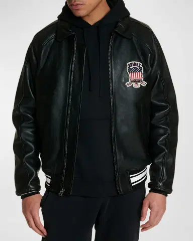 Avirex Men's Icon Logo Leather Bomber Jacket | Thumbnail 3 Avirex Men's Icon Logo Leather Bomber Jacket | Thumbnail 3
