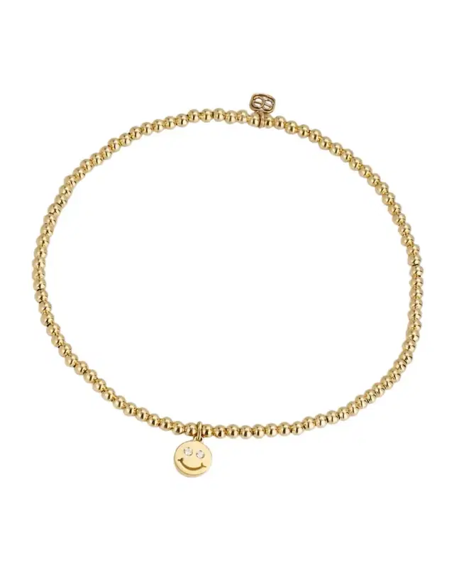 2mm Gold Bead Diamond Happy Face Charm Bracelet