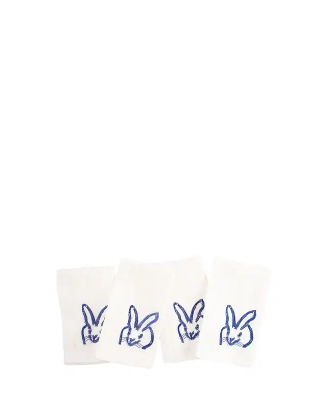Hunt Slonem Painted Bunny Embroidered Dinner Napkin - Blue White