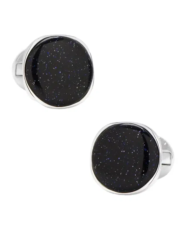Men 's Sterling Silver Round Blue Goldstone Cufflinks