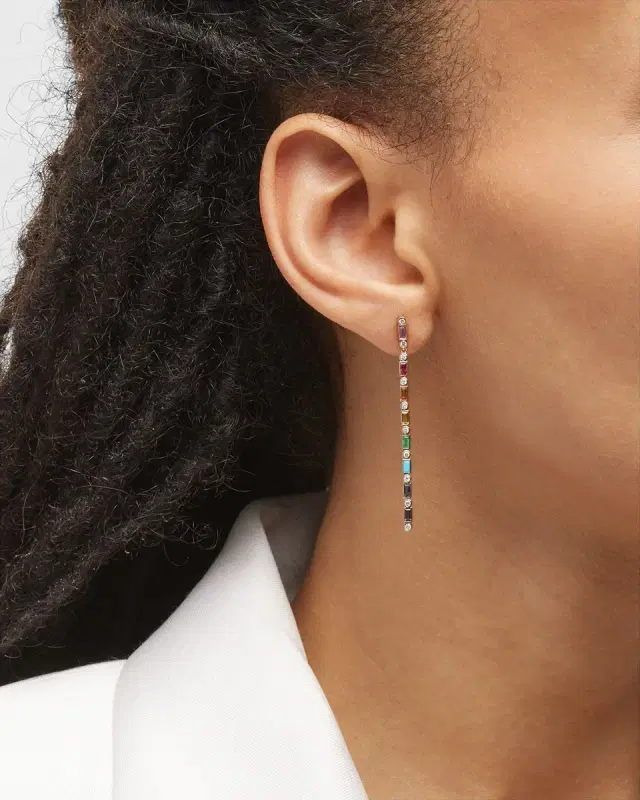 14K Rainbow Baguette and Round Diamond Bezel Drop Earrings
