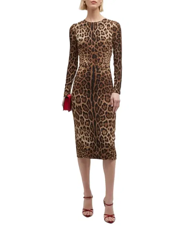 Leopard-Print Long-Sleeve Midi Dress