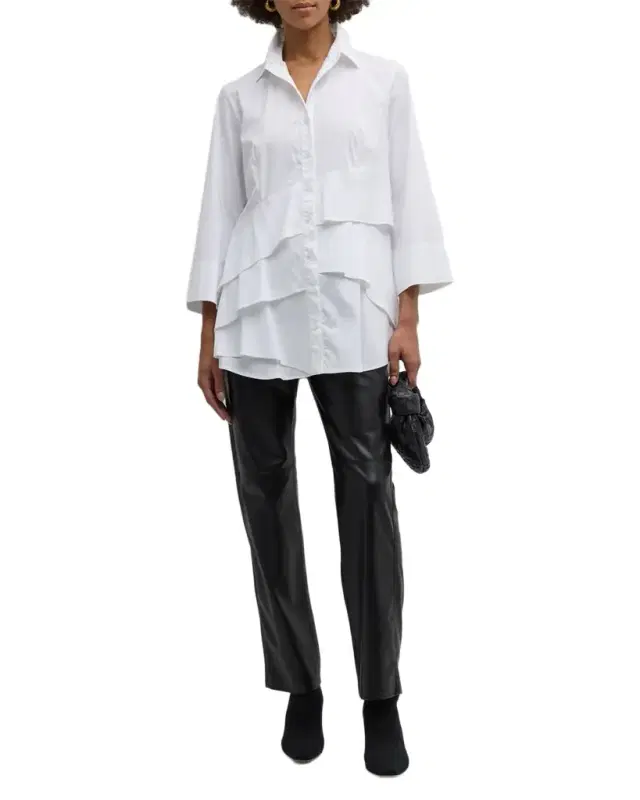Jenna Button-Down Ruffle Poplin Top