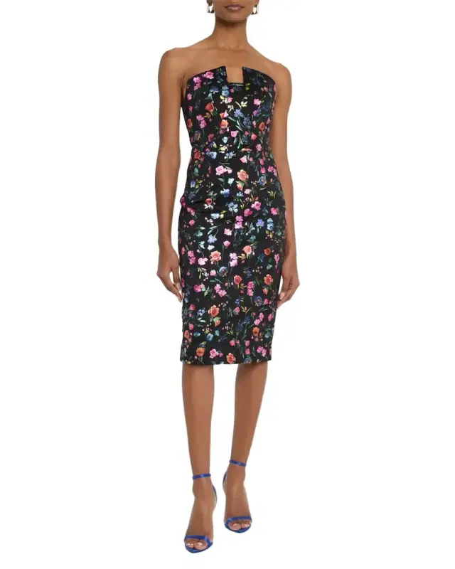 Lena Strapless Floral-Print Midi Sheath Dress
