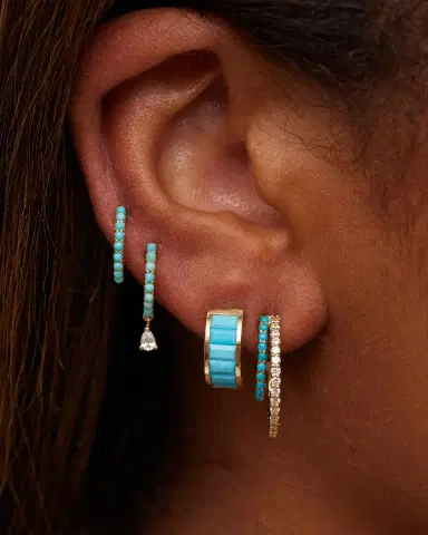 Jennifer Meyer Small Turquoise Huggie Earrings with Pear-Cut Diamond Drop | Thumbnail 2