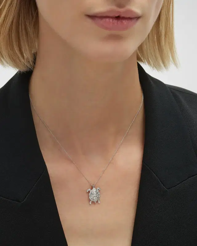 18K White Gold Diamond Turtle Pendant Necklace