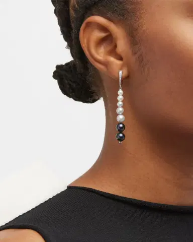 Utopia 18K White Gold Earrings with Diamonds and Graduating Pearls, 4-8mm | Thumbnail 2