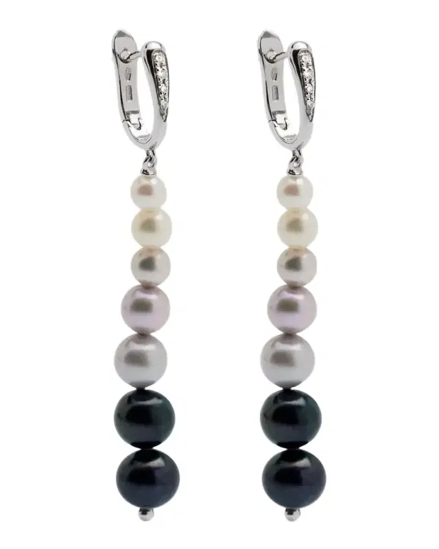 18K White Gold Earrings with Diamonds and Graduating Pearls, 4-8mm