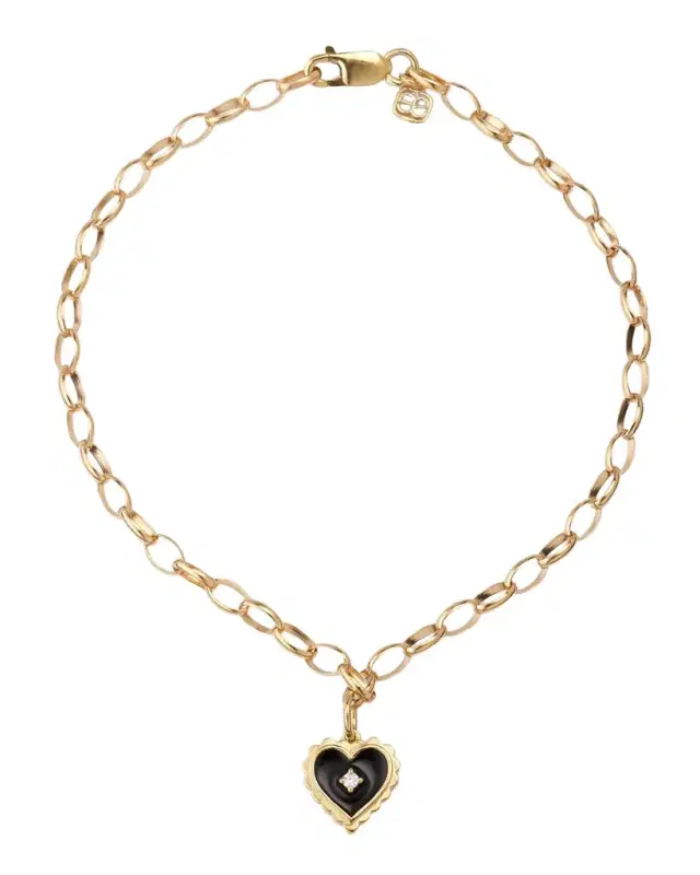 Prong Set Black Enamel Heart Charm Bracelet with Scallop Border