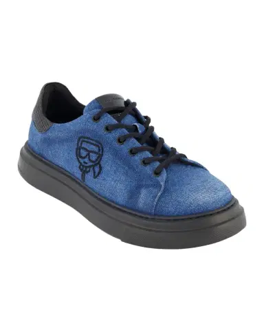 Karl Lagerfeld Paris Men's Karl Head Denim and Leather Low-Top Sneakers | Thumbnail 1 Karl Lagerfeld Paris Men's Karl Head Denim and Leather Low-Top Sneakers | Thumbnail 1