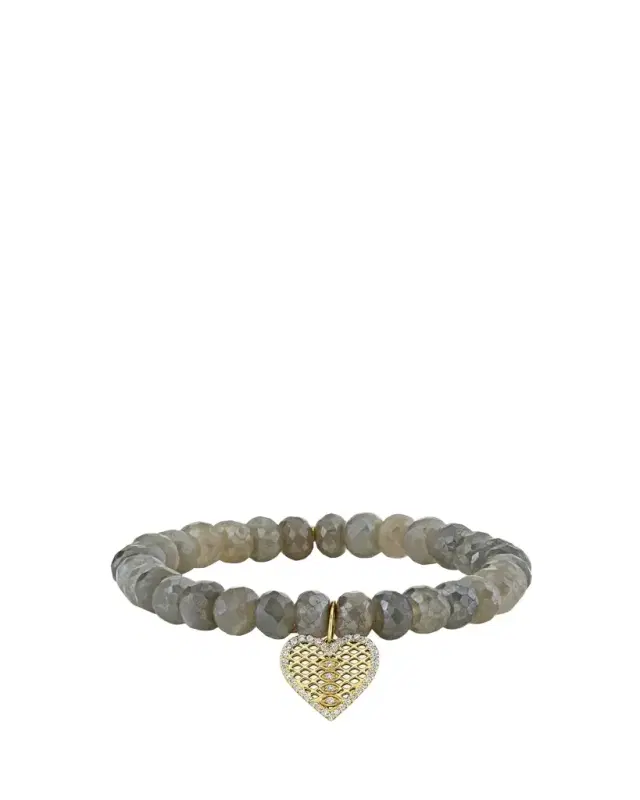 Moonstone Bead & Diamond Marquise Eye Heart Charm Bracelet