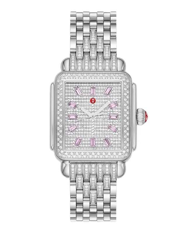 Michele Limited Edition Deco Stainless Steel Pink Sapphire and Pave Diamond Watch