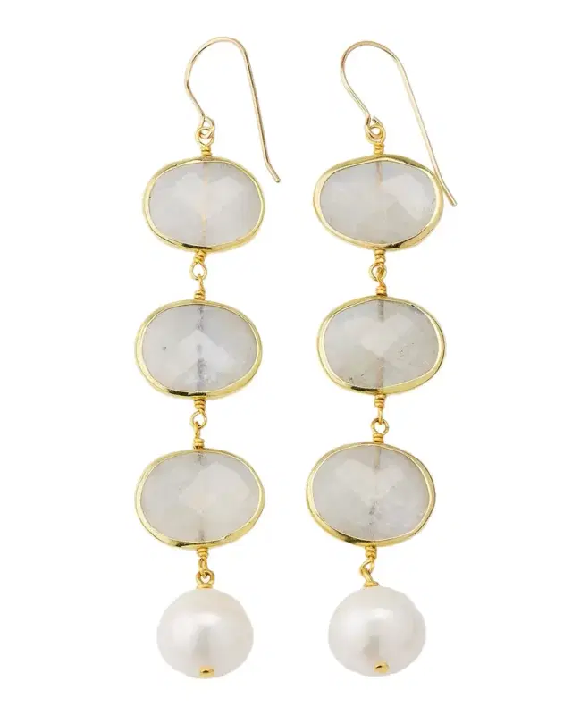 Moonstone and Pearl Linear Drop Earrings