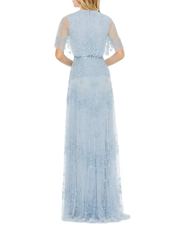Mac Duggal Flutter-Sleeve Sequin Tulle Gown