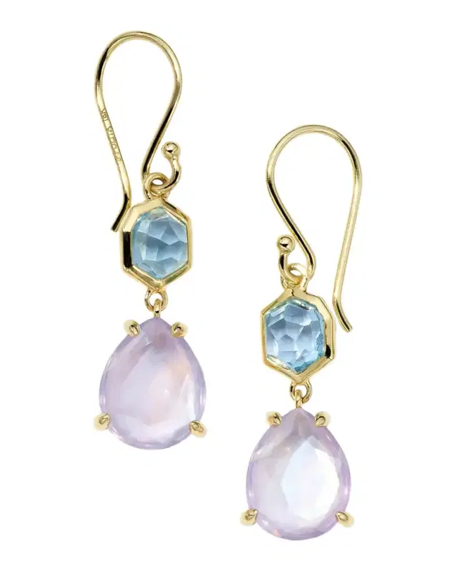 18K Gold Rock Candy Small Snowman Earrings in Swiss Blue Topaz Rock Crystal