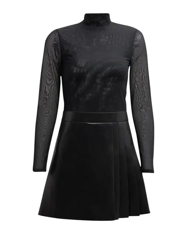 Chara Long-Sleeve Vegan Leather Pleated Mini Dress