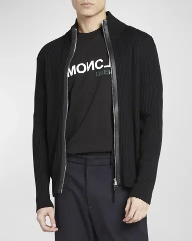 Moncler Men's Ribbed Cardigan with Leather Trim | Thumbnail 4
