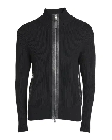 Moncler Men's Ribbed Cardigan with Leather Trim | Thumbnail 1