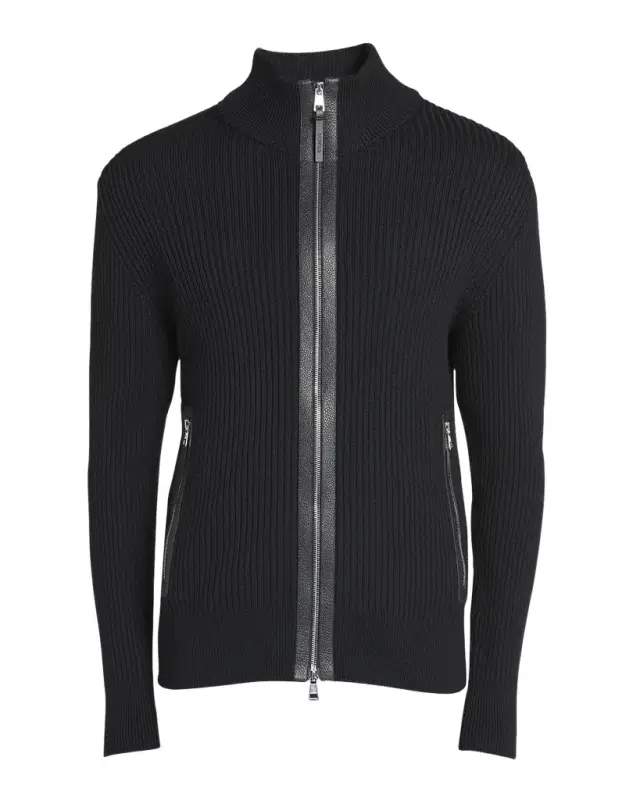 Moncler Men 's Ribbed Cardigan with Leather Trim