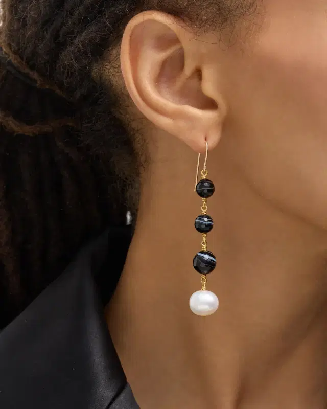 Black Agate and Pearl Drop Earrings