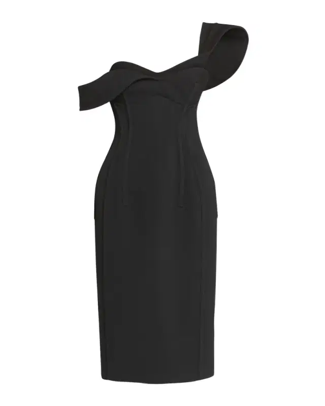 Off-The-Shoulder Bonded Wool Tricotine Midi Bustier Dress