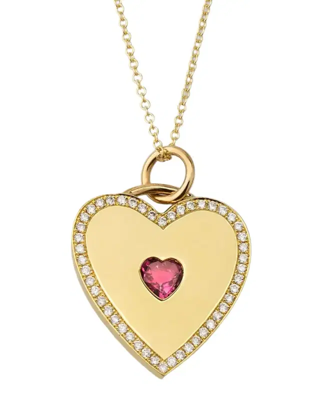 18K Yellow Gold Heart Pendant Necklace with Pink Tourmaline Center and Diamonds