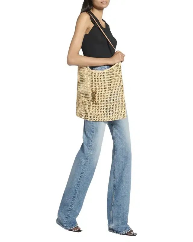 Saint Laurent Oxalis YSL Monogram Shoulder Bag in Raffia with Bronze Hardware