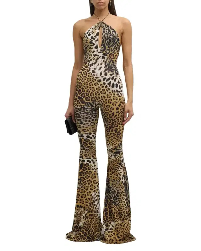 Leopard-Print Halter Flared Jumpsuit