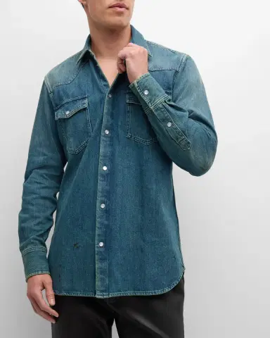 Golden Goose Men's Journey Dirty Wash Denim Shirt | Thumbnail 6