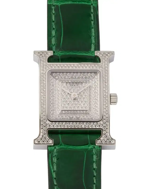 HERMÈS Heure H All Diamond Watch with Green Alligator Strap, 25 mm