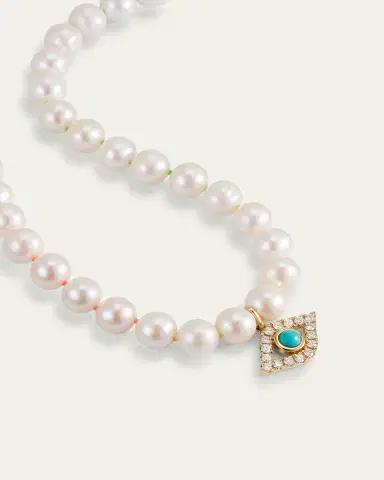 Sydney Evan 14K Large Turquoise Evil Eye Charm on Freshwater Pearl Necklace | Thumbnail 3