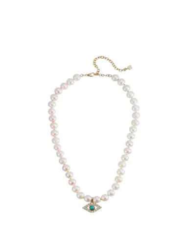 Sydney Evan 14K Large Turquoise Evil Eye Charm on Freshwater Pearl Necklace | Thumbnail 1