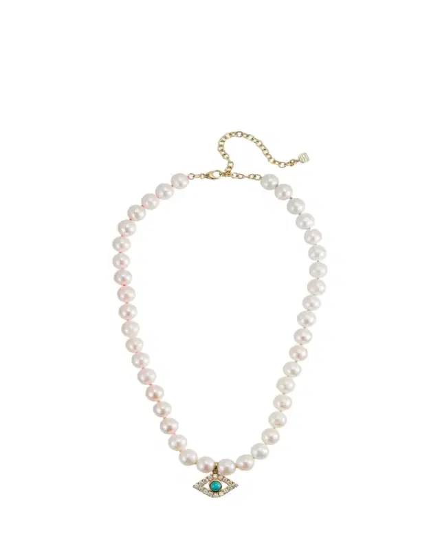 14K Large Turquoise Evil Eye Charm on Freshwater Pearl Necklace