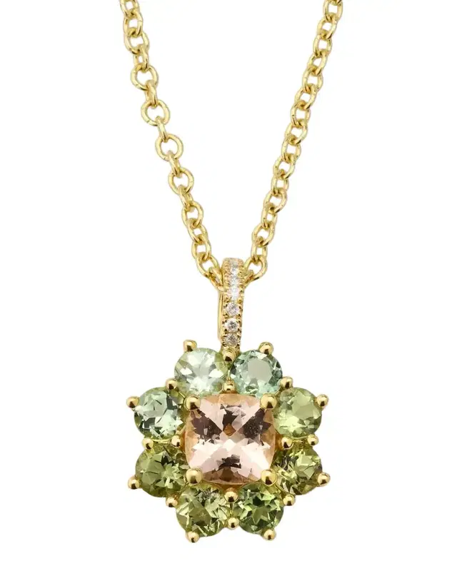 Small Mint Tourmaline and Morganite Flower Pendant Necklace