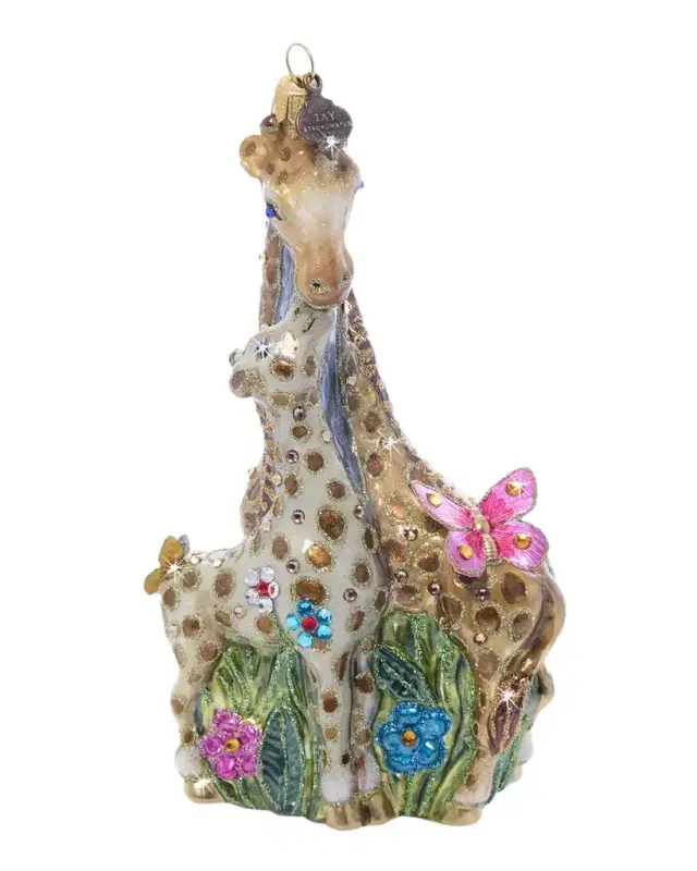 Mom and Baby Giraffe Glass Christmas Ornament