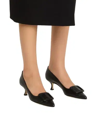 Manolo Blahnik Maysale Leather Buckle Kitten Pumps | Thumbnail 1 Manolo Blahnik Maysale Leather Buckle Kitten Pumps | Thumbnail 1