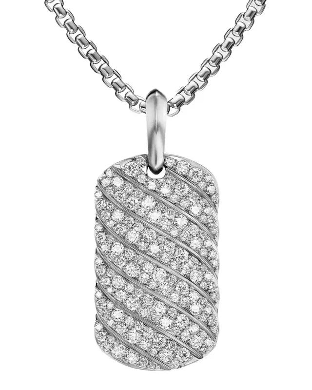 Men 's Sculpted Cable Tag in Silver with Diamonds, 35mm