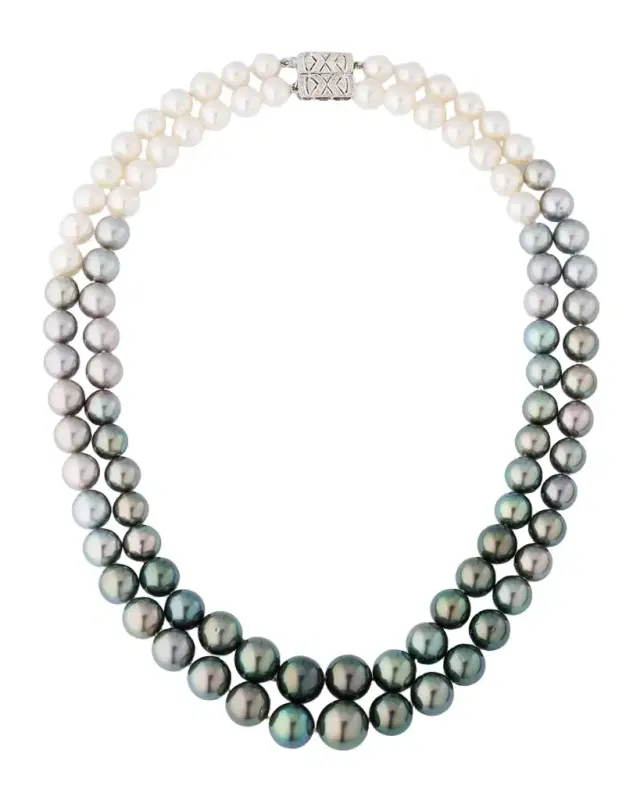 18K White Gold 9-13.5mm Tahitian and South Sea Pearl 2 Row Necklace with Diamond Clasp
