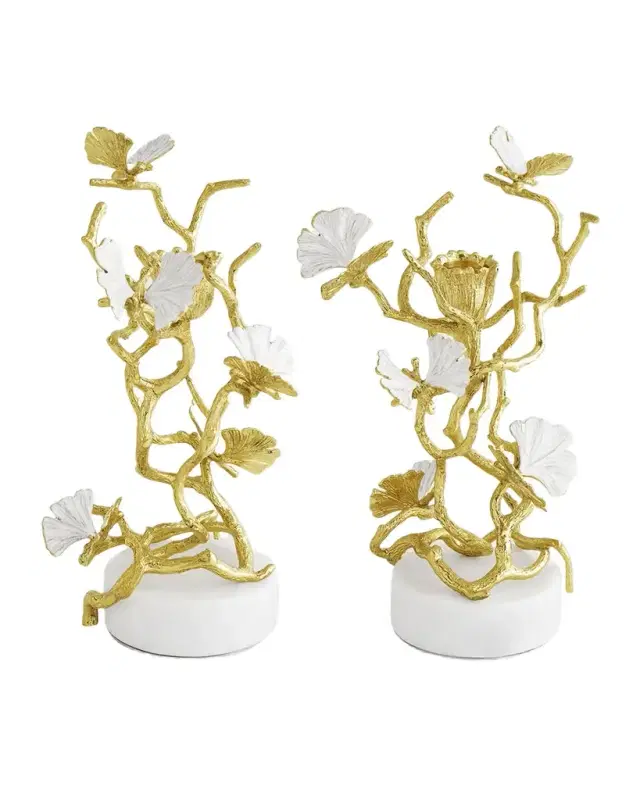 Michael Aram Butterfly Ginkgo White & Gold Candleholders, Set of 2